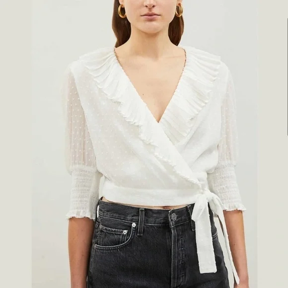 MWT Maje Plumeti Cropped White Wrap Ruffle V-neck Wrap Blouse Size 2 NEW - Picture 2 of 15